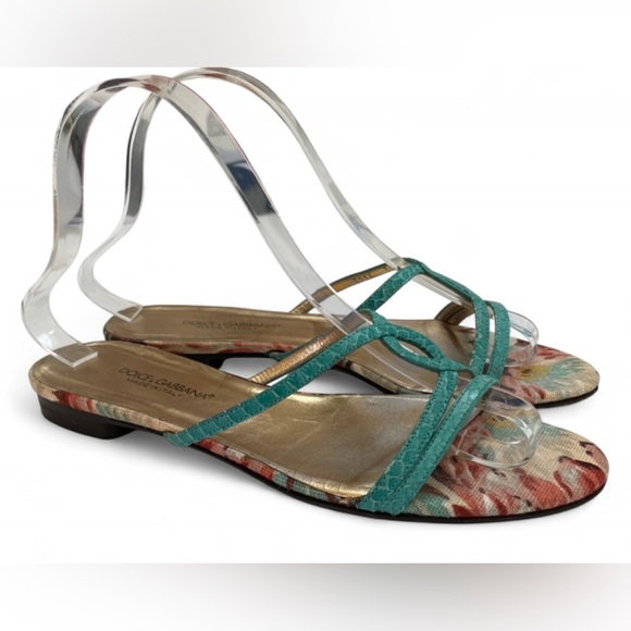 Dolce & Gabbana Shoes - Dolce & Gabbana Turquoise Snake-Embossed Leather & Floral Canvas Flats Size 7.5